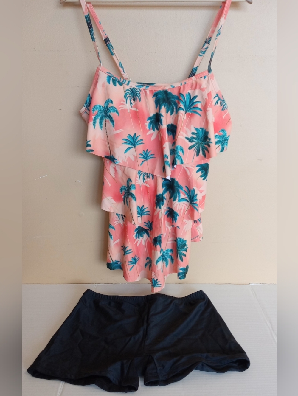 Women’s Coral Palm Print Ruffle Tankini Top and Black Swim Shorts
